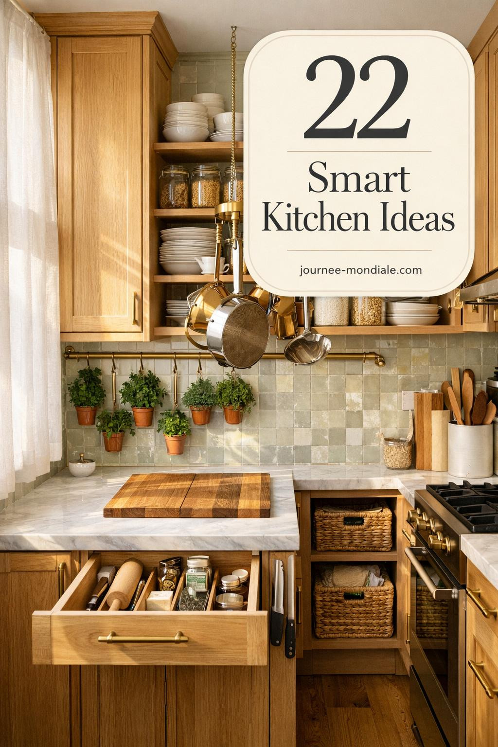 Efficient compact galley kitchen with white oak shaker cabinets to ceiling, honed Carrara marble counters, pale sage zellige tile backsplash, open oak shelving, brass pot rack over island, herb pots on rail, and natural light enhancing functional beauty.
