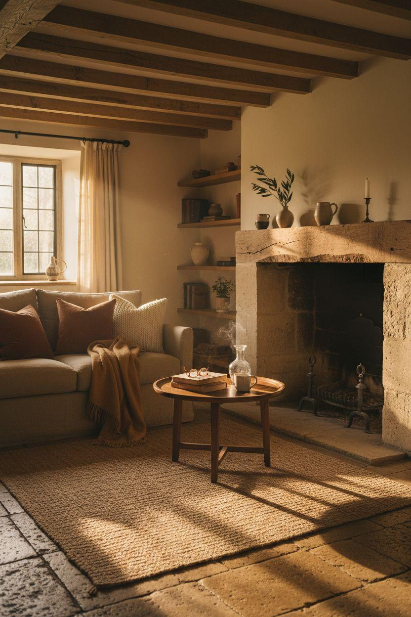 Corner Fireplace Living Room Layout - hand-carved limestone fireplace with chunky reclaimed oak mantel