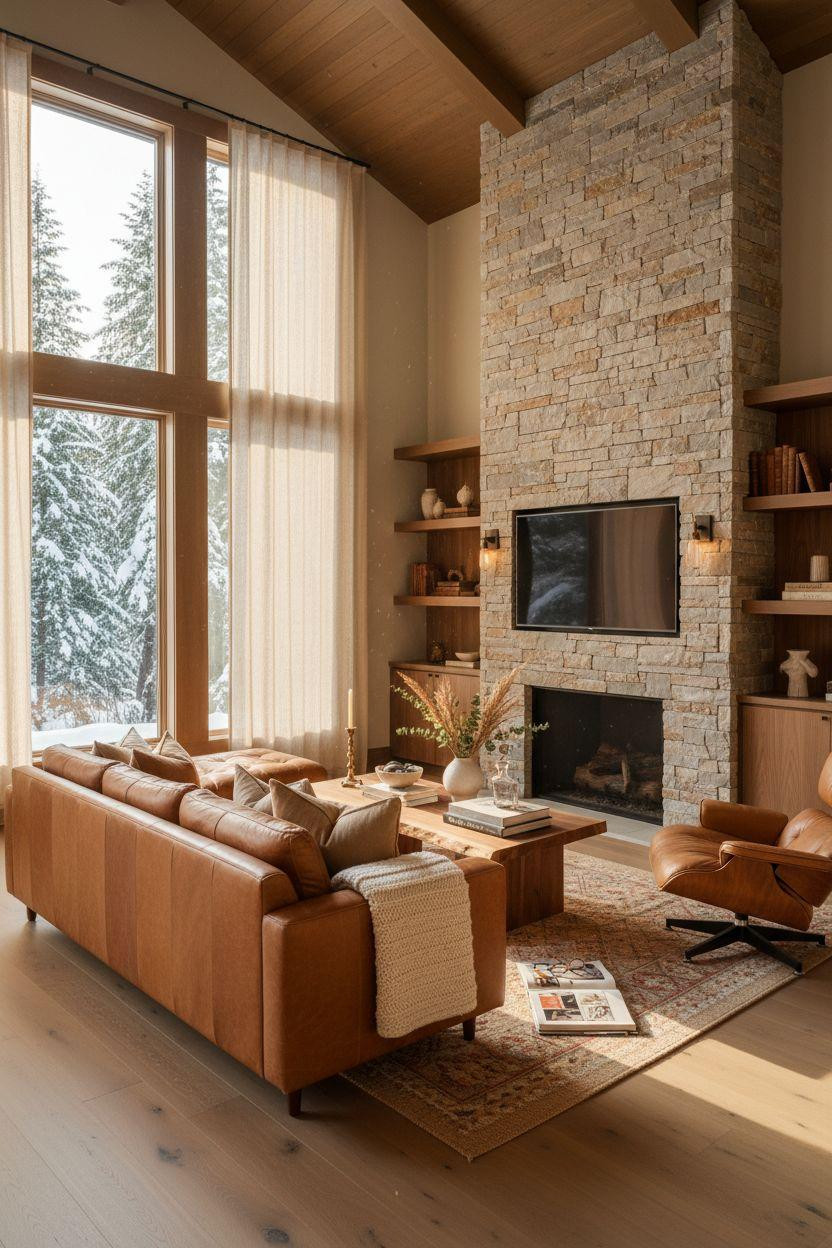 Corner Fireplace Living Room Layout - stacked limestone corner fireplace with walnut live-edge coffee table
