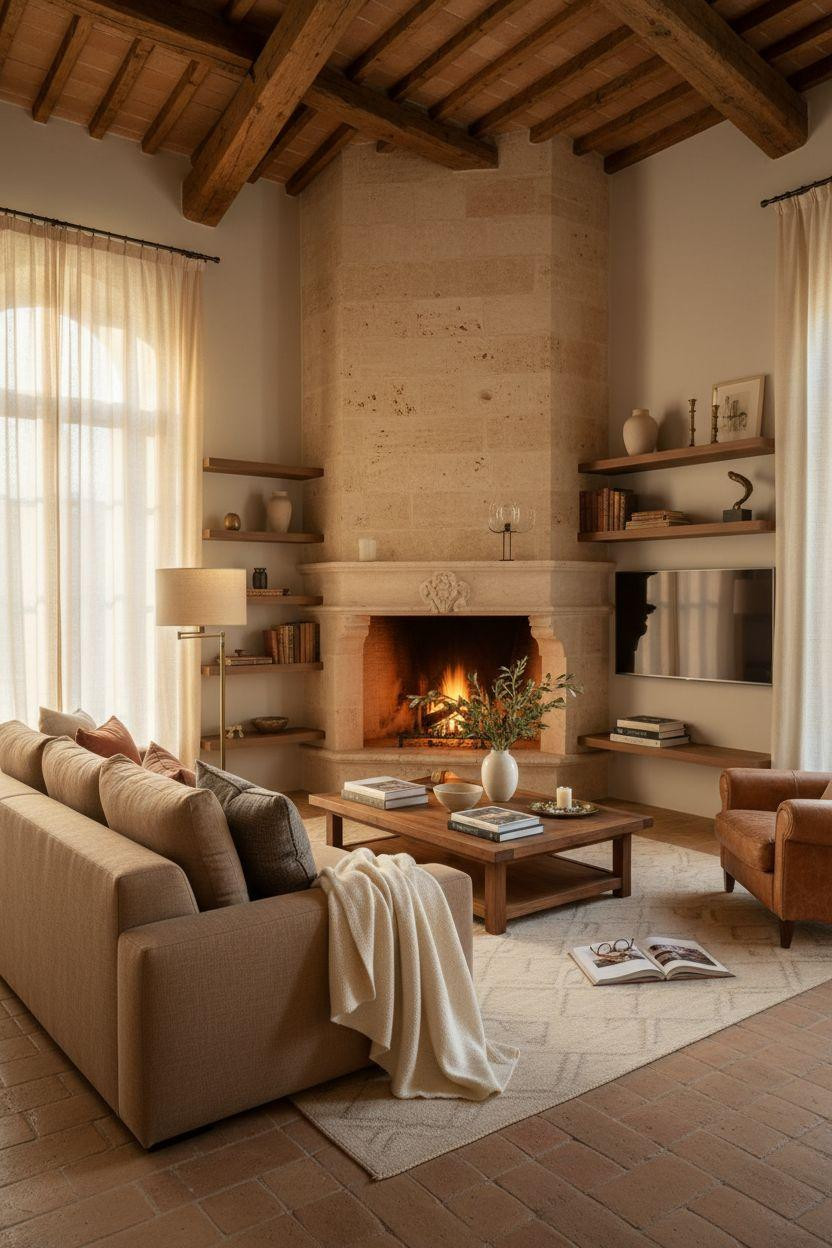 Corner Fireplace Living Room Layout - rough-hewn French limestone fireplace with walnut built-in shelving