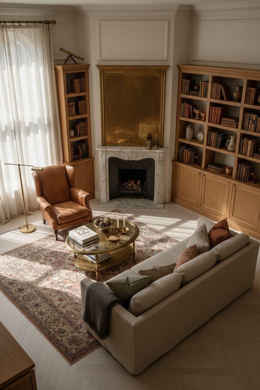 Corner Fireplace Living Room Layout - unlacquered brass fireplace with Calacatta marble and white oak built-ins