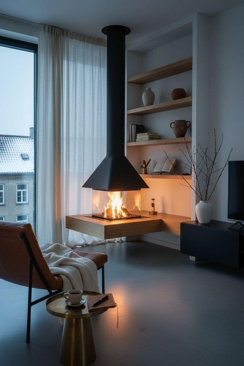Corner Fireplace Living Room Layout - suspended matte black fireplace with floating white oak hearth