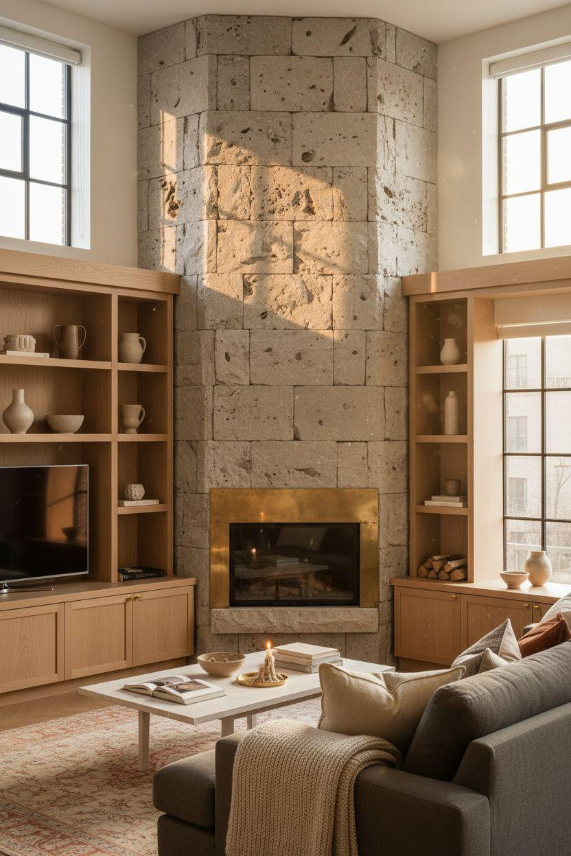 Corner Fireplace Living Room Layout - limestone fireplace with matching white oak built-ins