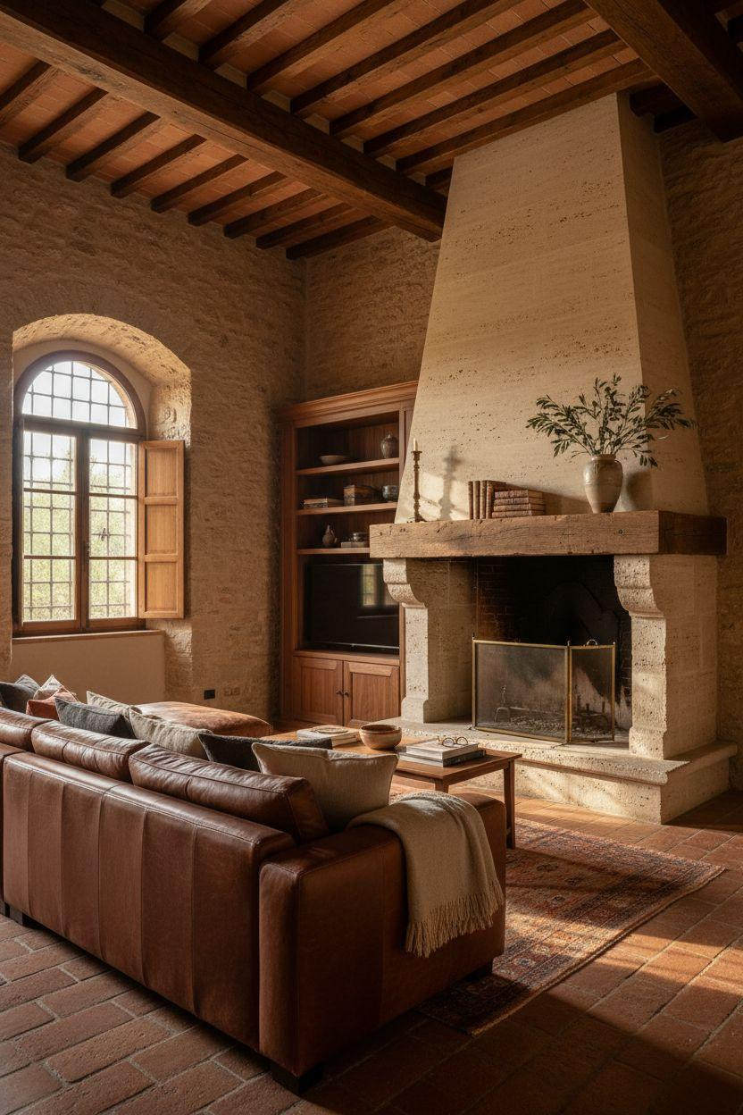 Corner Fireplace Living Room Layout - travertine corner fireplace with custom walnut built-ins