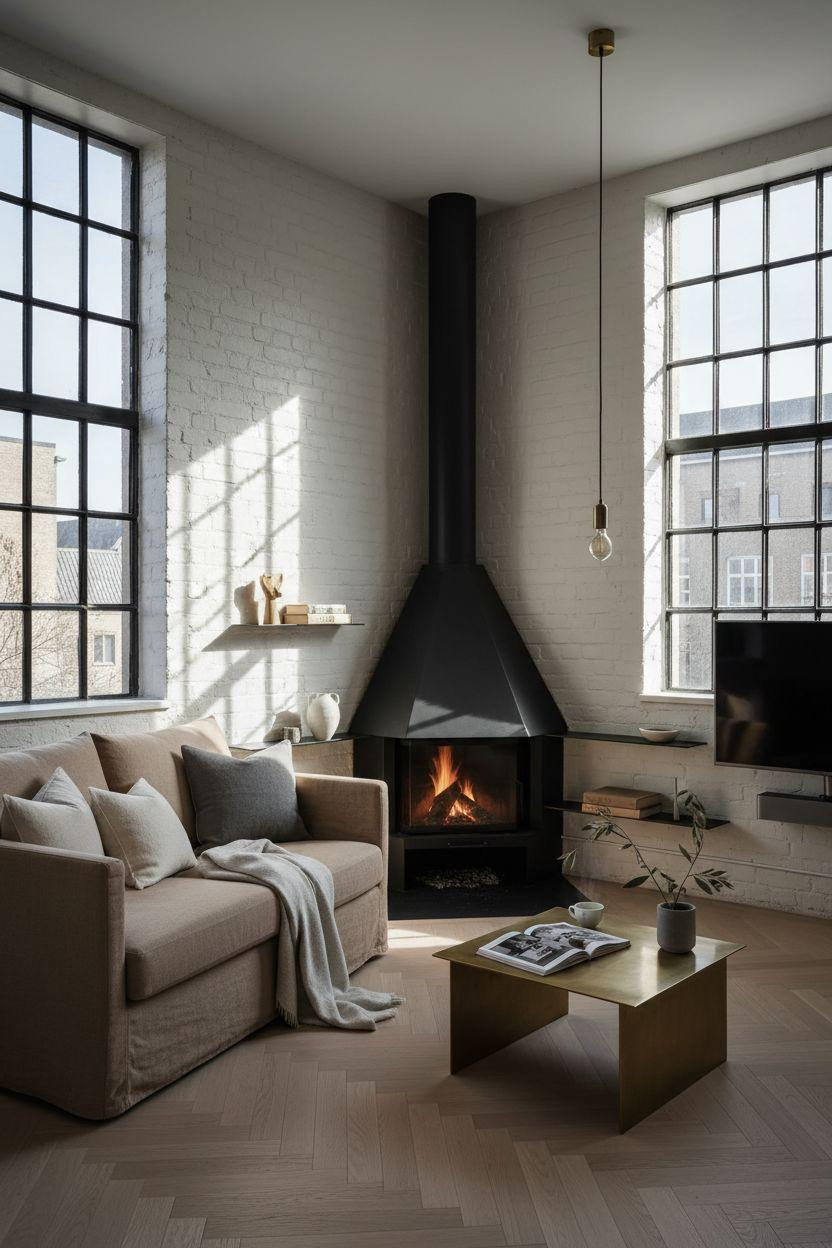 Corner Fireplace Living Room Layout - minimalist black steel fireplace in Copenhagen loft