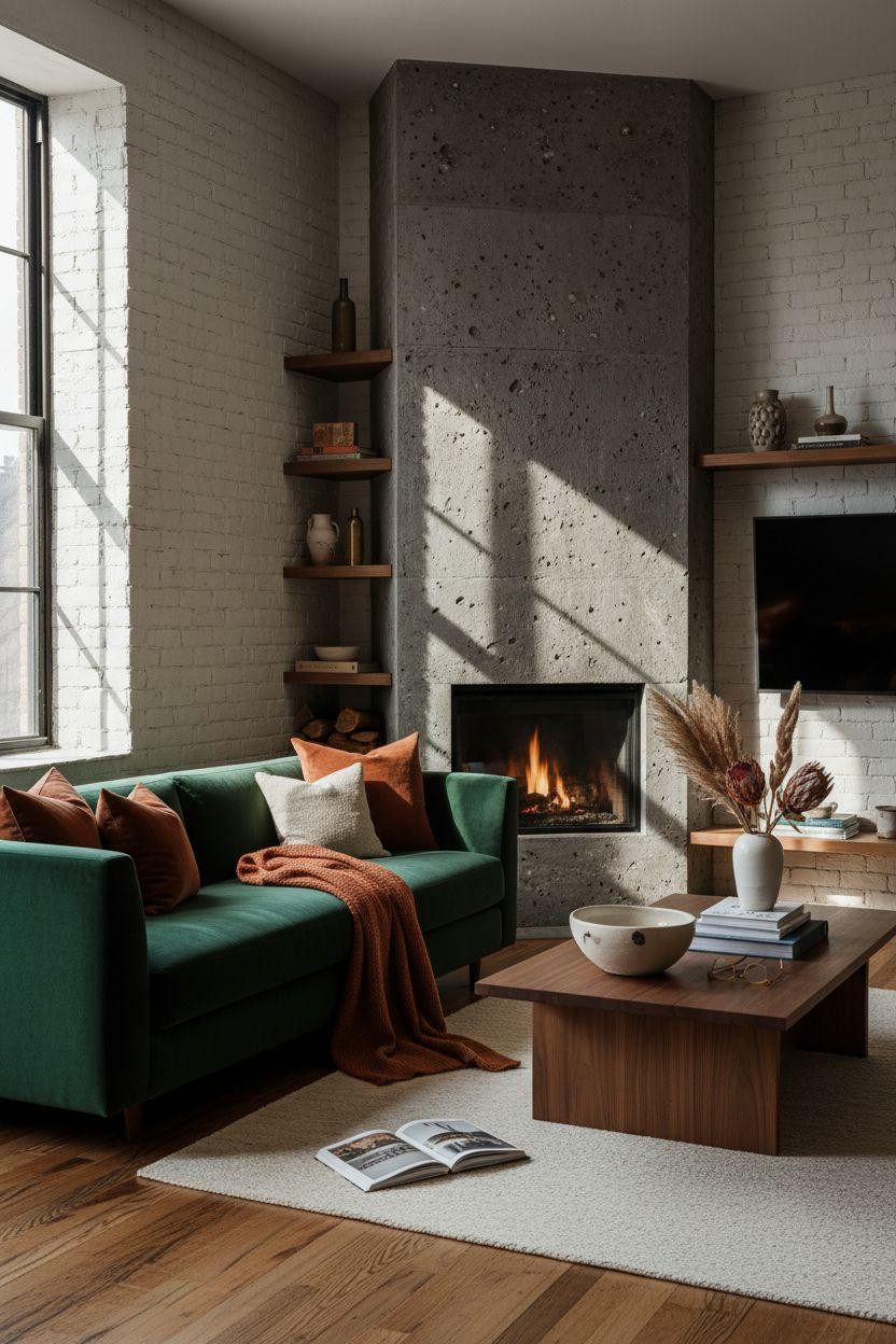 Corner Fireplace Living Room Layout - emerald green sofa with TV and fireplace