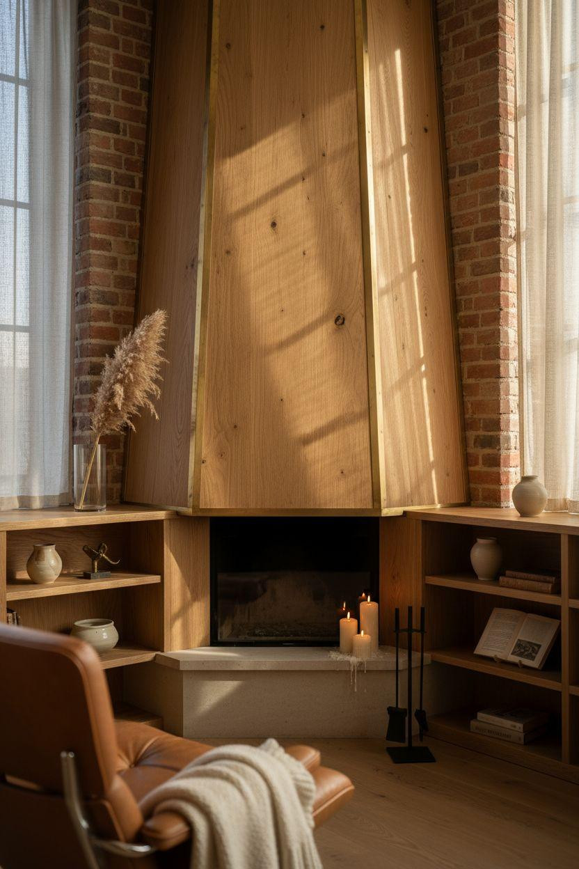 Corner Fireplace Living Room Layout - angled fireplace with white oak surround and unlacquered brass trim