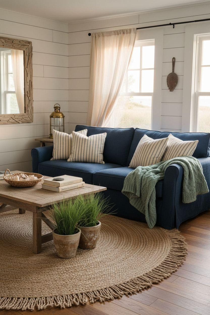 Coastal Cottage - Nantucket inspired room with navy sofa and cable knit throw