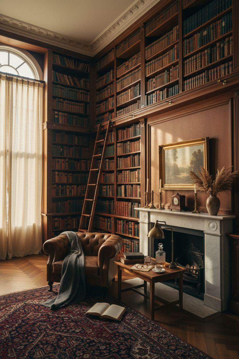 Home Library Rooms Ideas - elegant library with fireplace