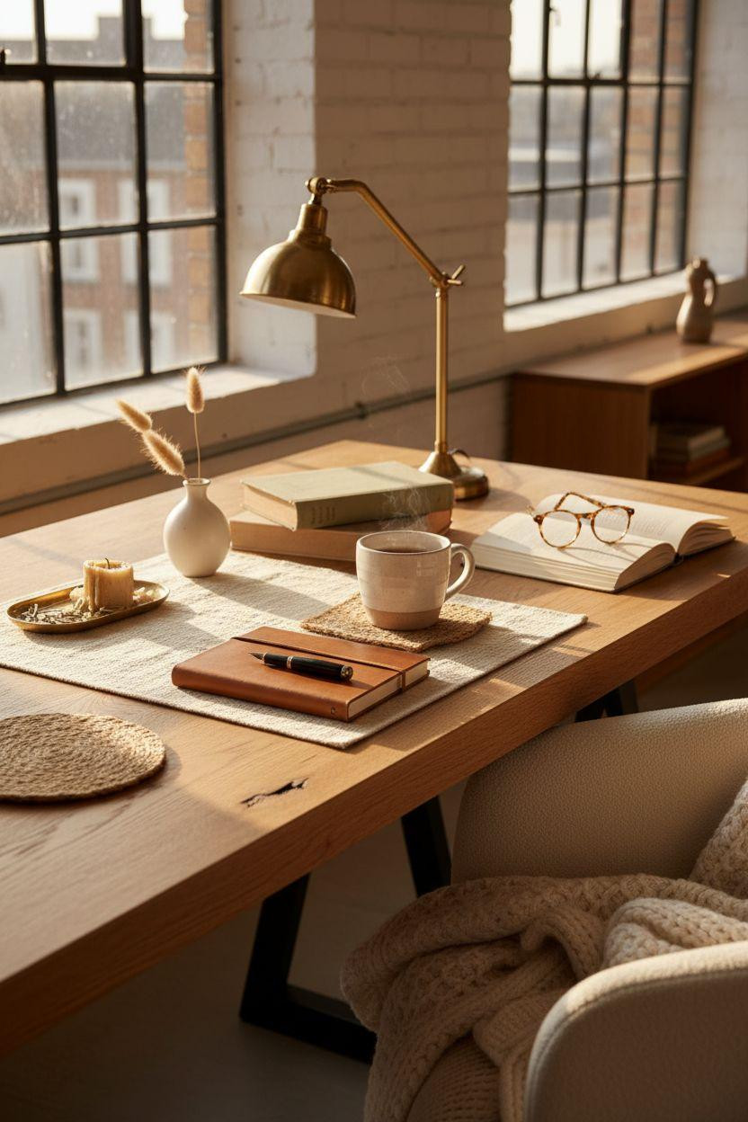 Work from home set up with layered textures and warm lighting