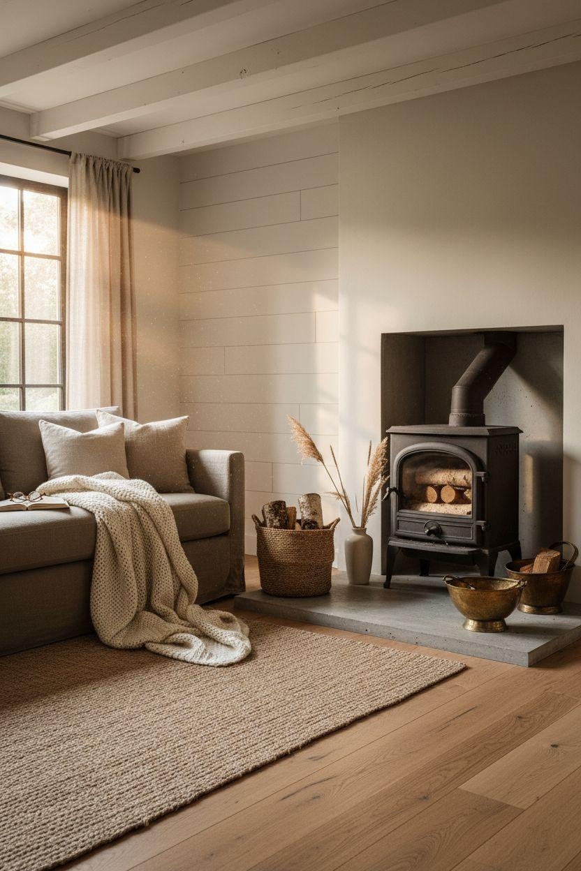 Fireplace Ideas - cozy log burner with limestone hearth