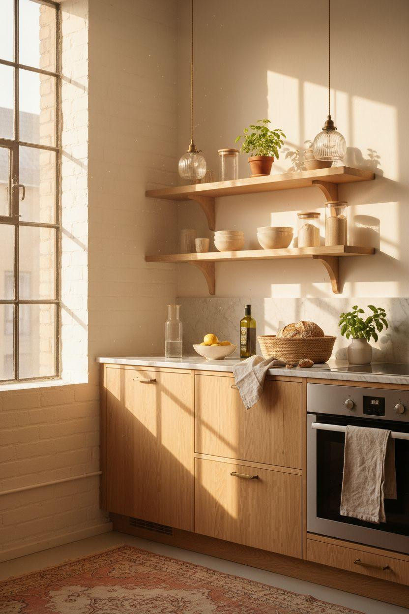 Small Kitchen loft with vintage brass pendant