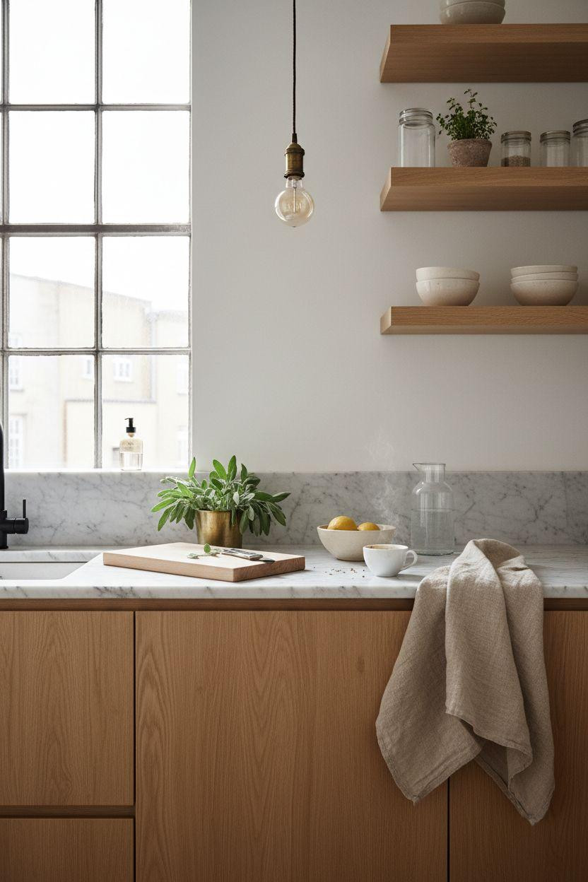Small Kitchen minimalist white with oak shelves