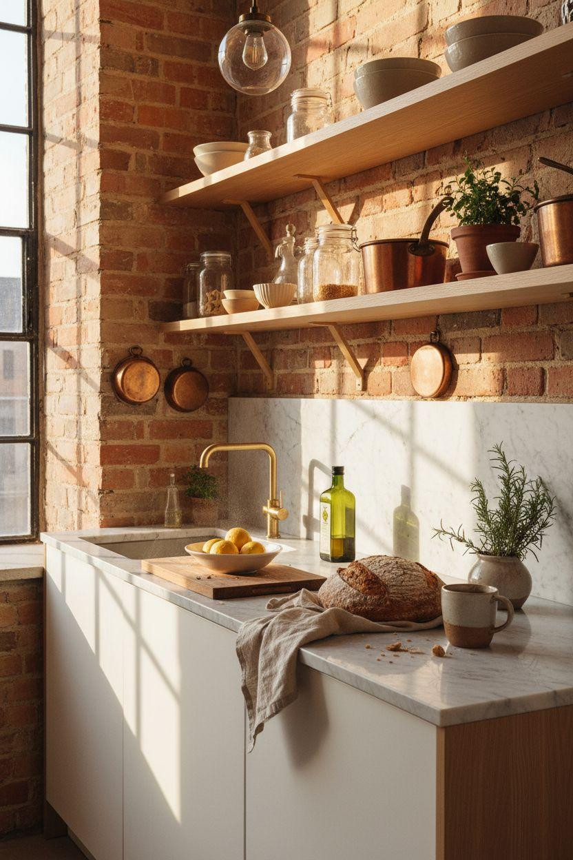 Small Kitchen with honey oak open shelving