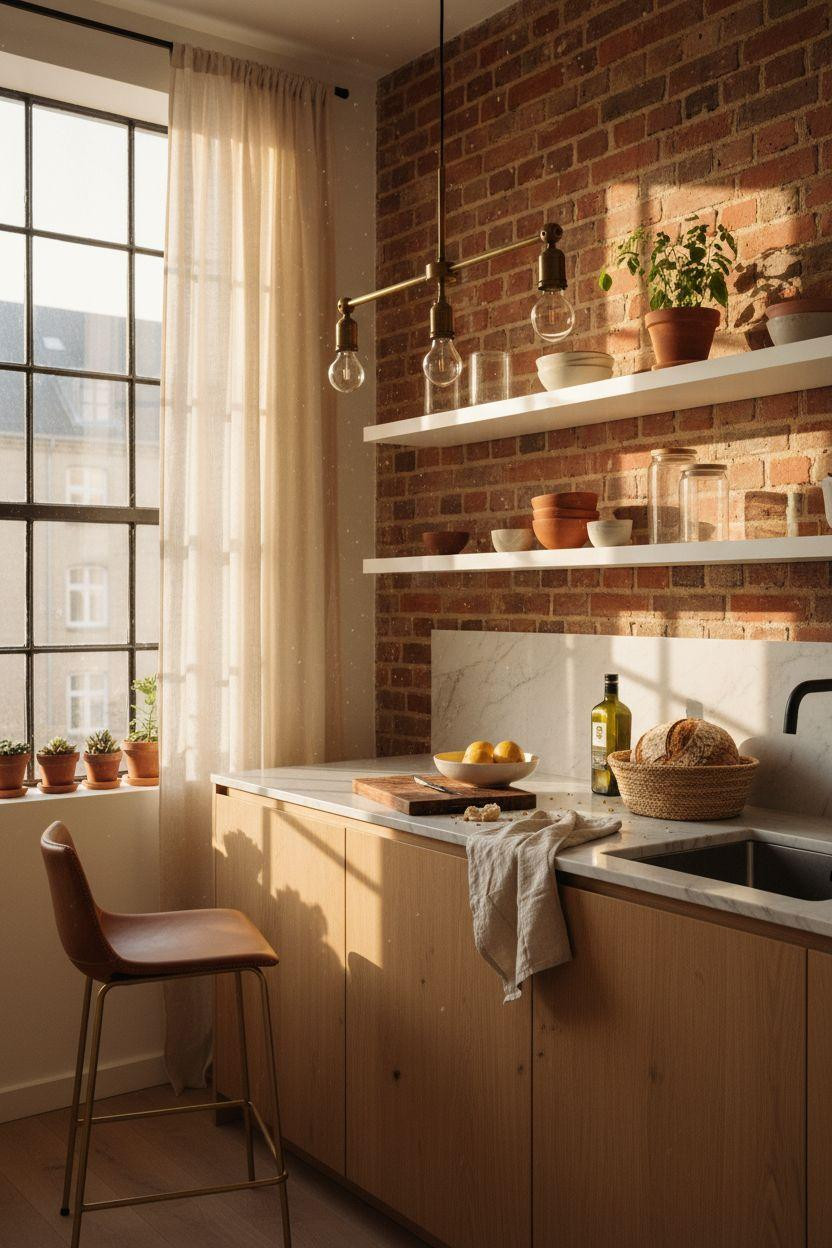 Small Kitchen with brass pendant lighting