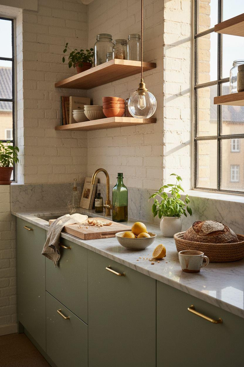 Small Kitchen galley with sage green cabinets