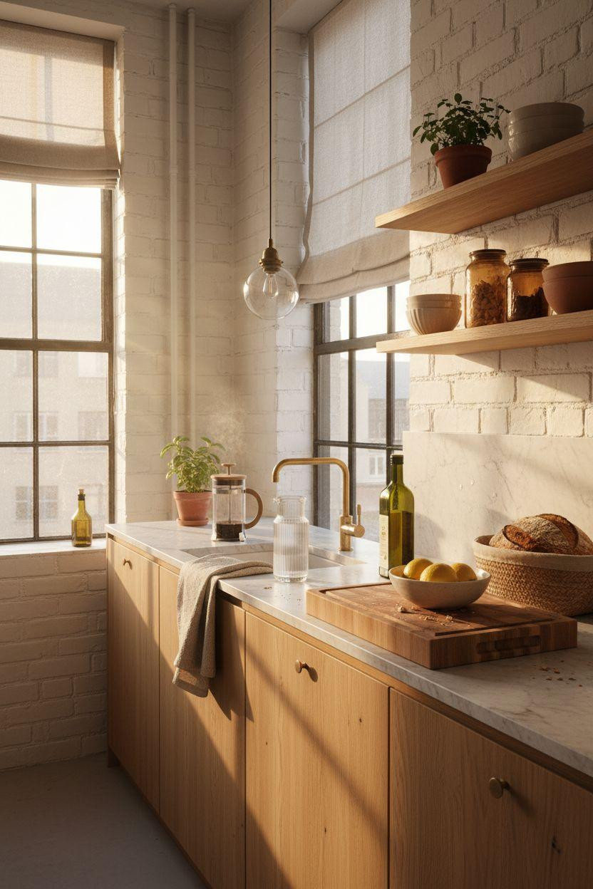 Small Kitchen with white brick and wood shelving
