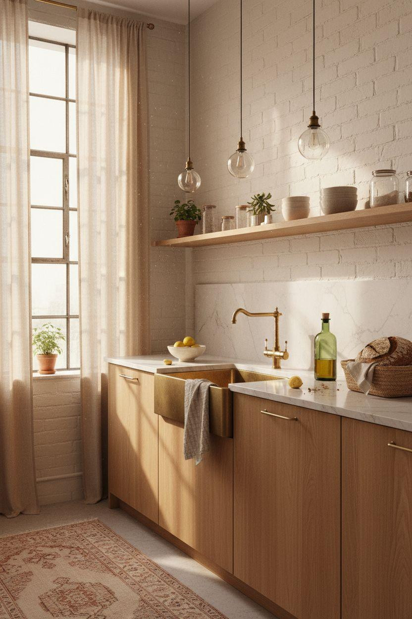 Small Kitchen with brass farmhouse sink