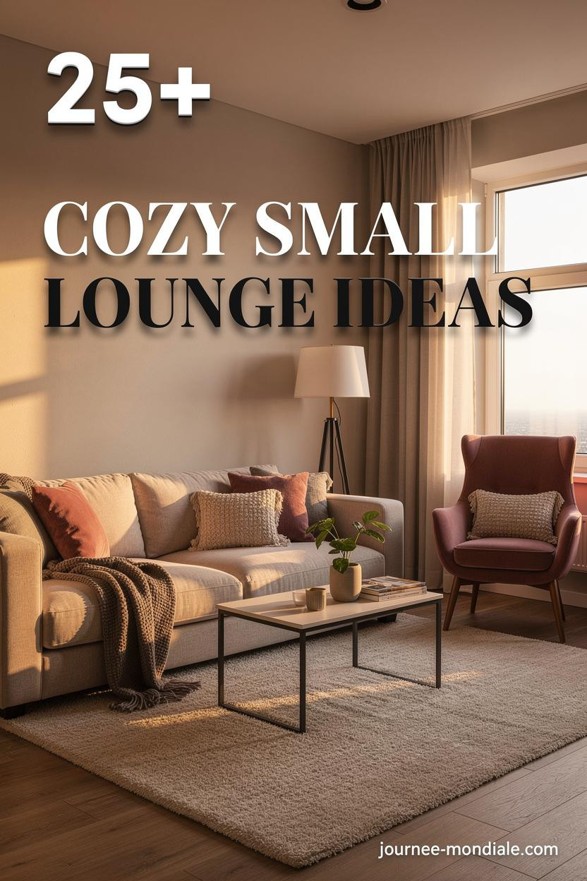 Elegant collage of a cozy small lounge featuring plush sectional sofa, layered throw pillows, soft area rug, compact coffee table, and warm ambient lighting with natural golden hour glow. Typography overlay includes '25+ Cozy Small Lounge Ideas' in bold serif and site branding for Pinterest-style inspiration.