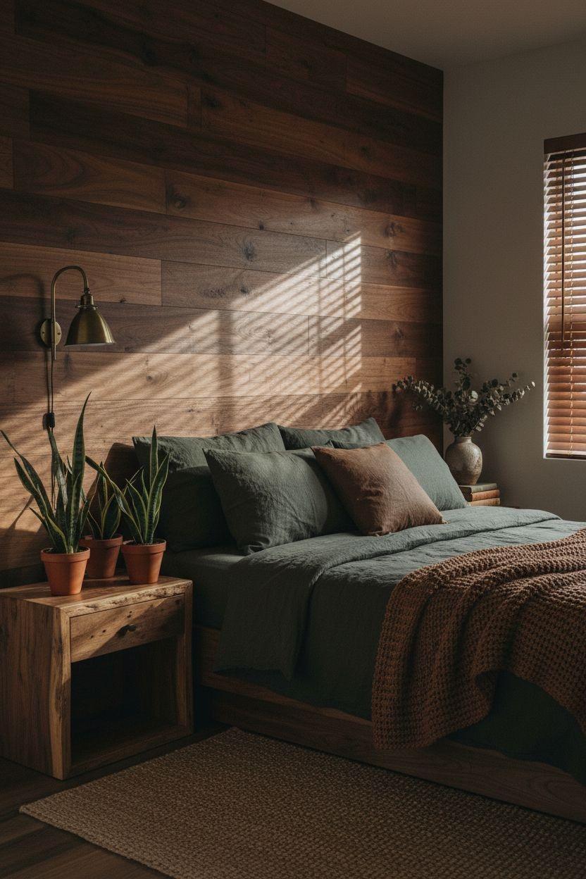 Dark Earthy Bedroom - reclaimed wood accent wall with grain detail