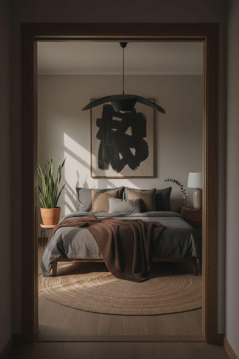 Dark earthy bedroom with dramatic pendant lighting and minimal decor