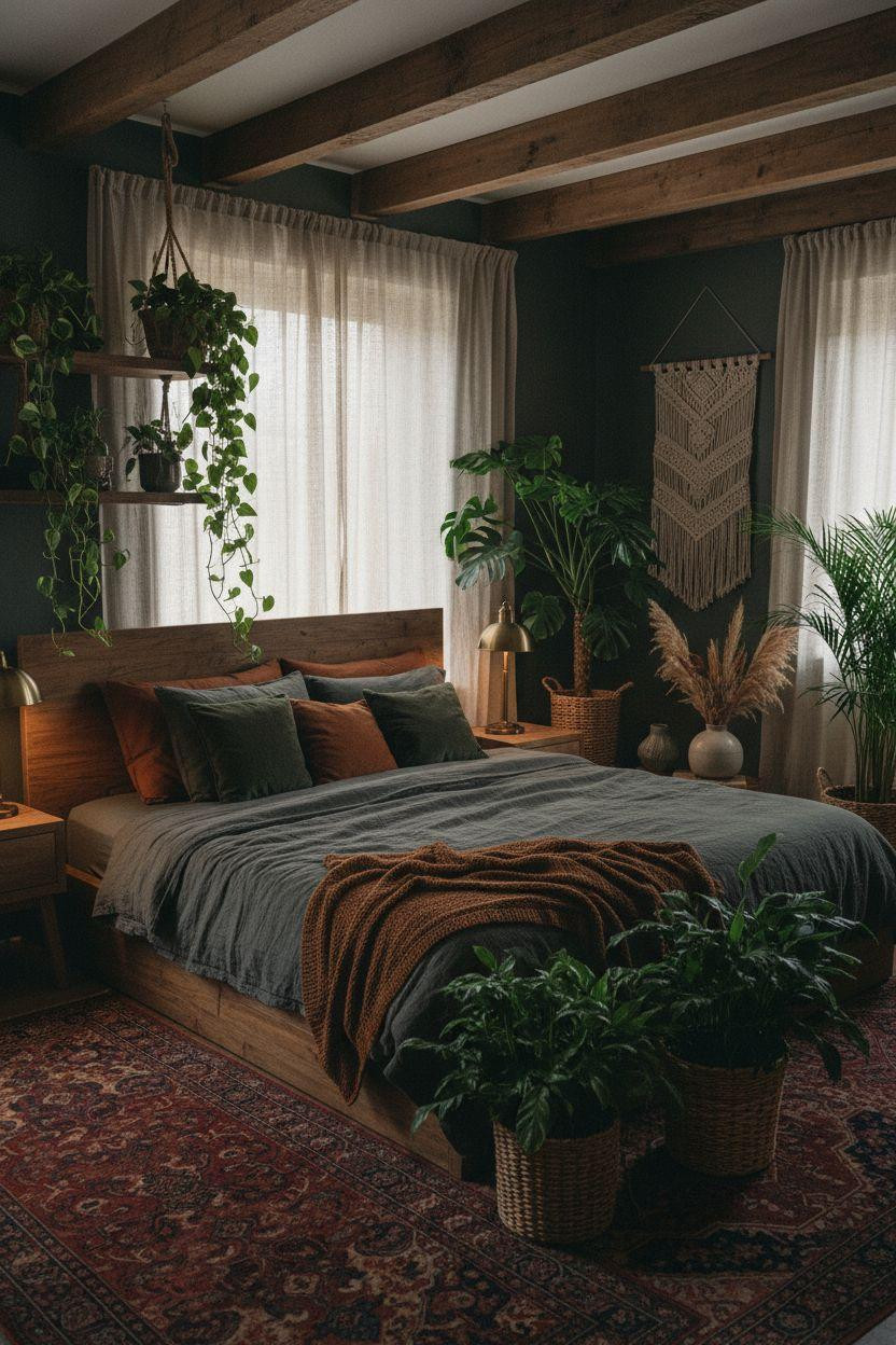 Dark earthy bedroom with exposed wooden beams and botanical greenery