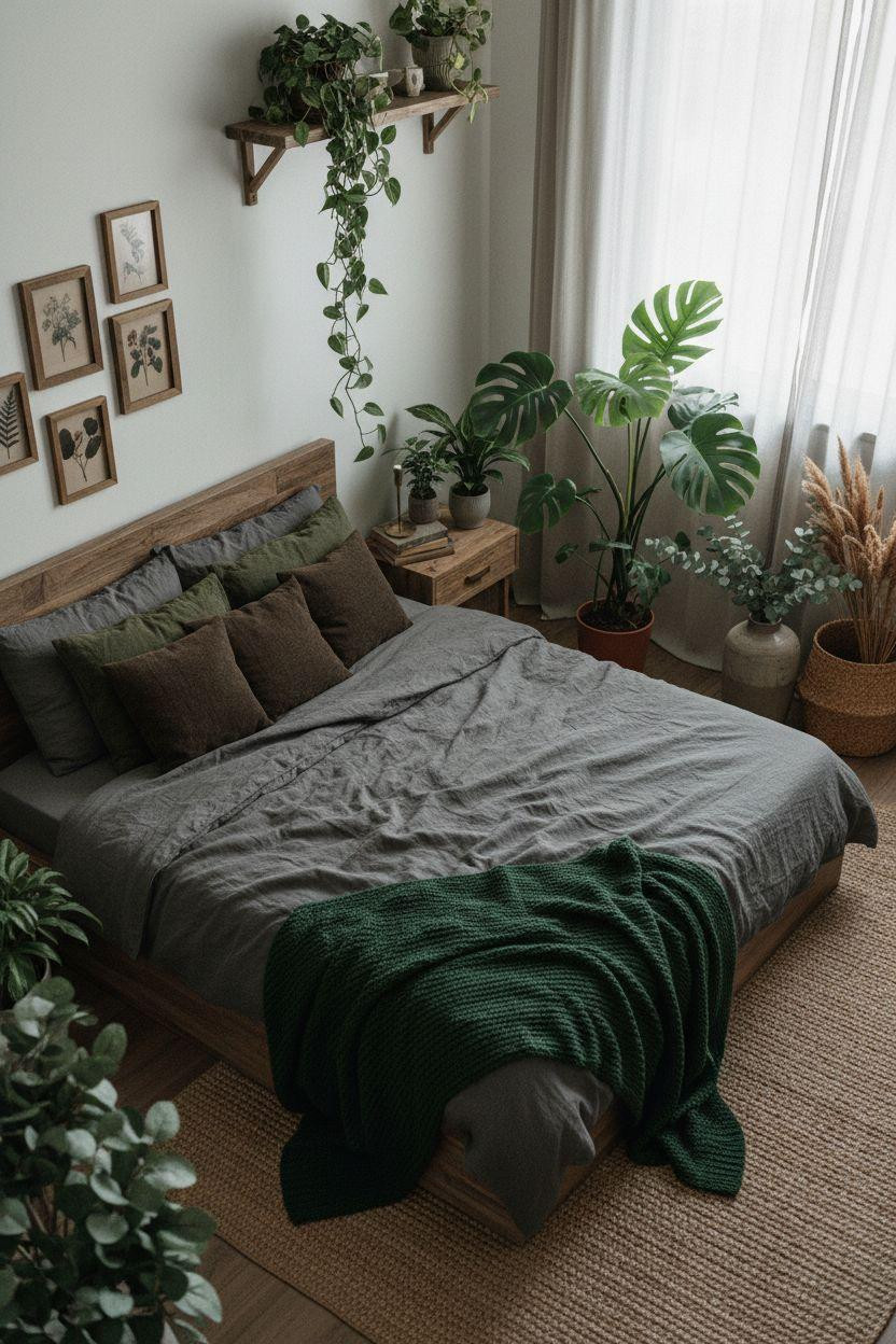 Dark Earthy Bedroom - abundant plants and natural materials