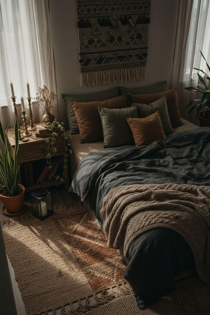 Dark Earthy Bedroom - layered textiles in earth tones