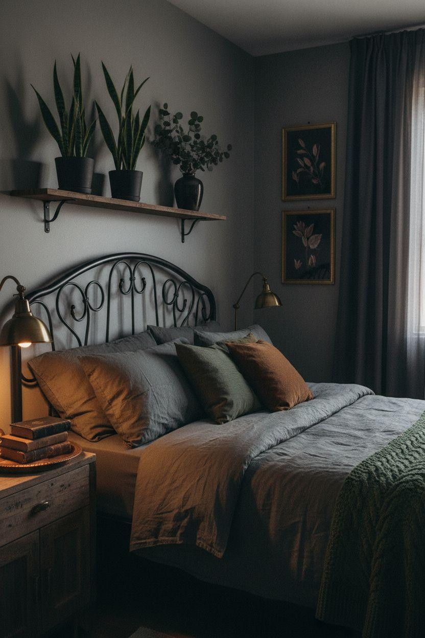 Dark Earthy Bedroom - vintage brass accents and steel frame