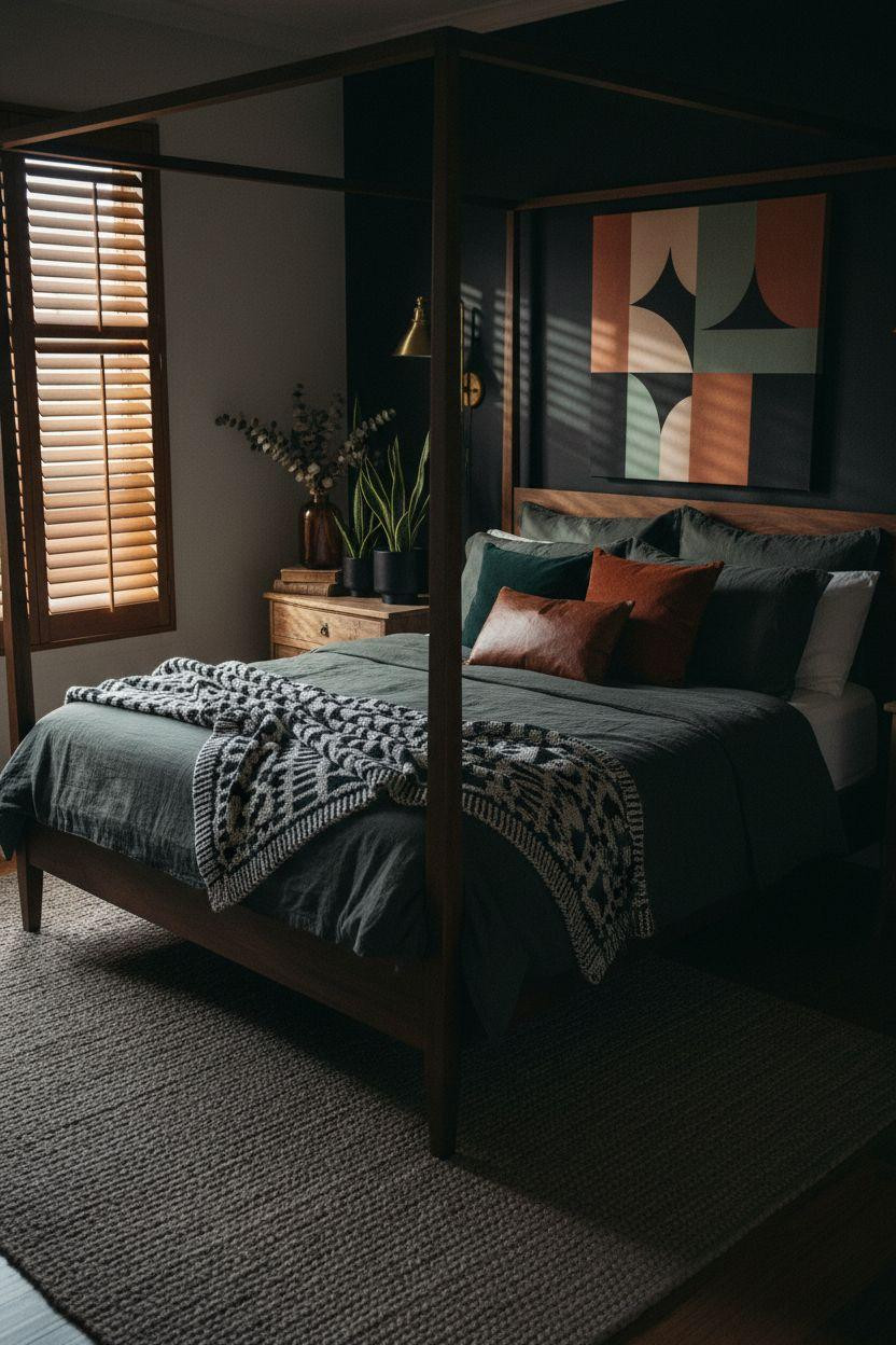 Dark earthy bedroom with dramatic geometric patterns and color accents