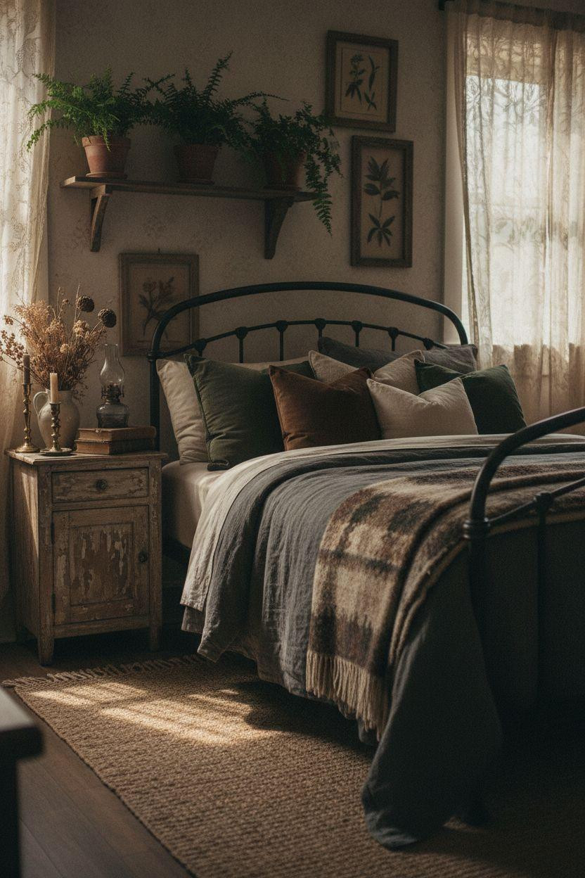 Dark earthy bedroom with vintage iron frame and cottagecore touches