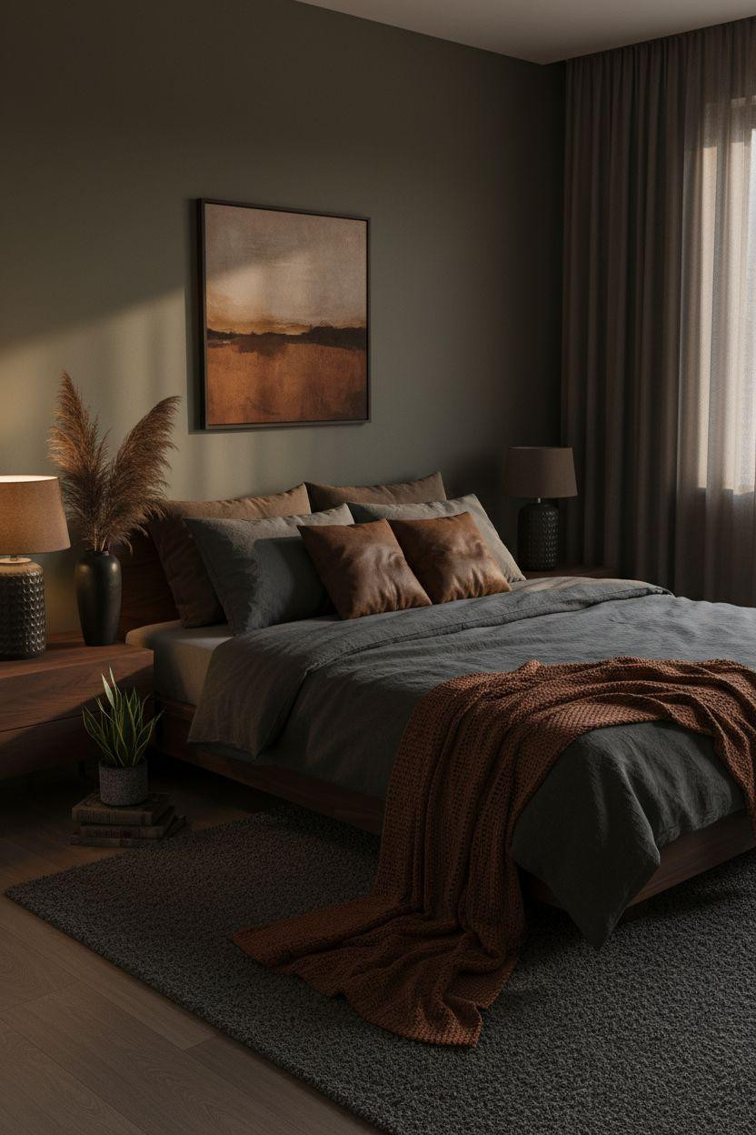 Dark earthy bedroom with clean lines and dramatic lighting
