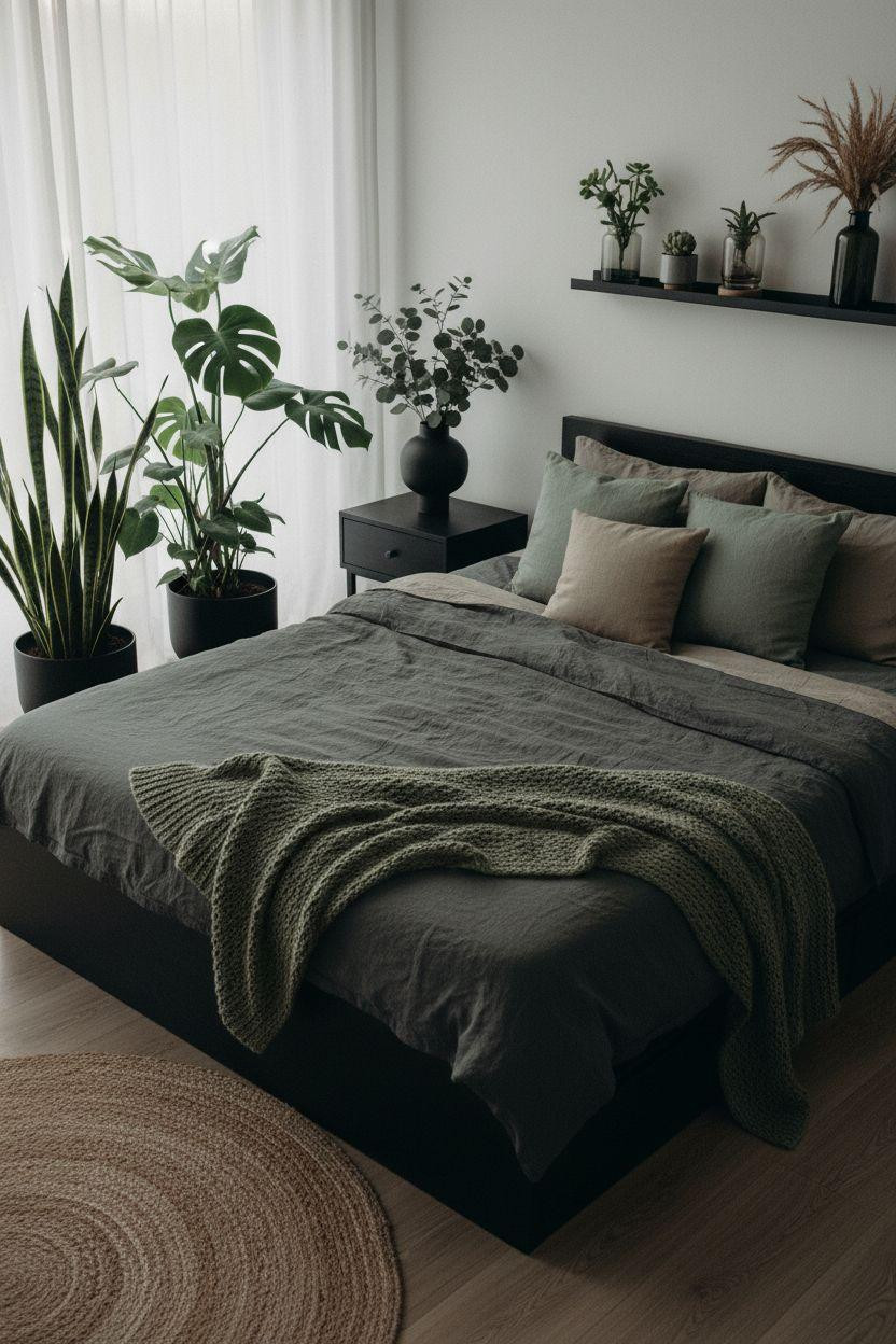 Dark earthy bedroom with abundant plants and neutral palette