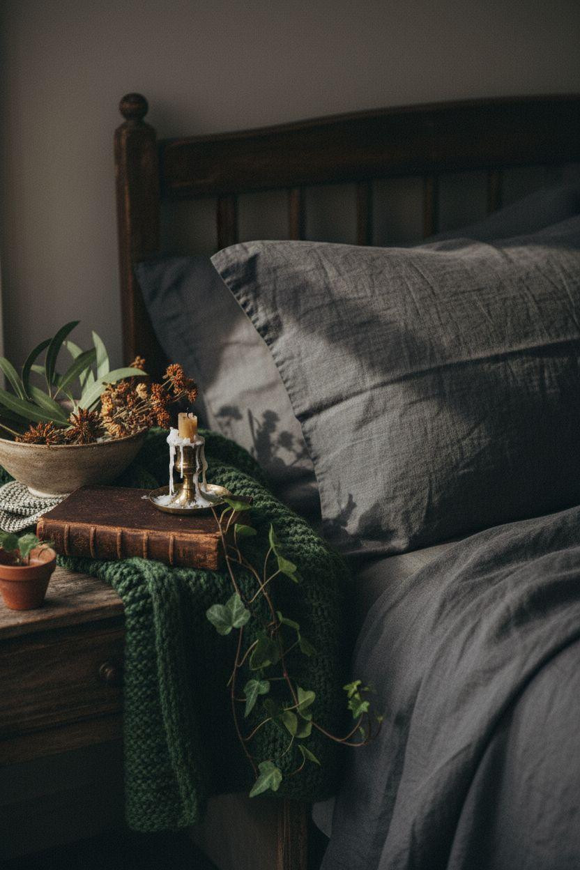 Dark Earthy Bedroom - closeup of layered textiles and textures