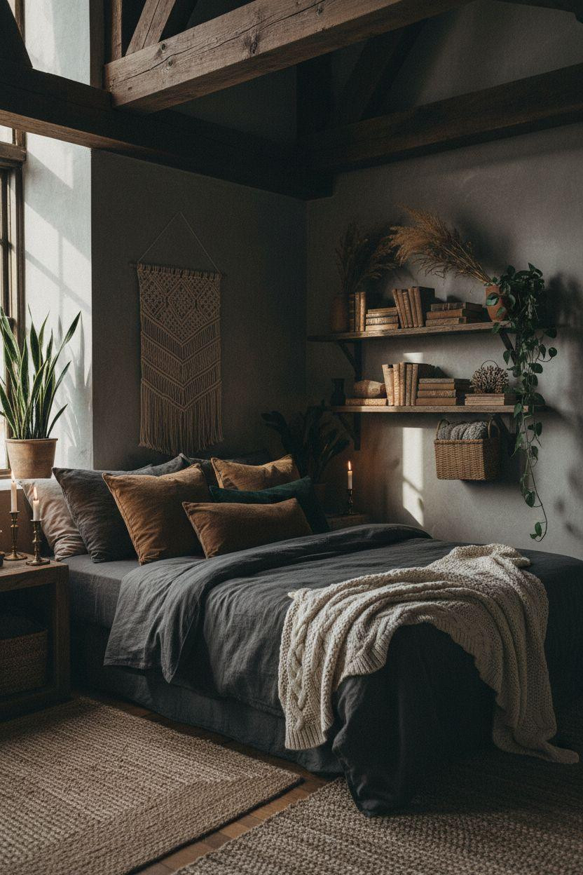 Dark earthy bedroom with bohemian styling and architectural details