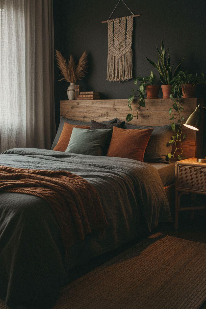 Dark earthy bedroom with layered textures and natural materials
