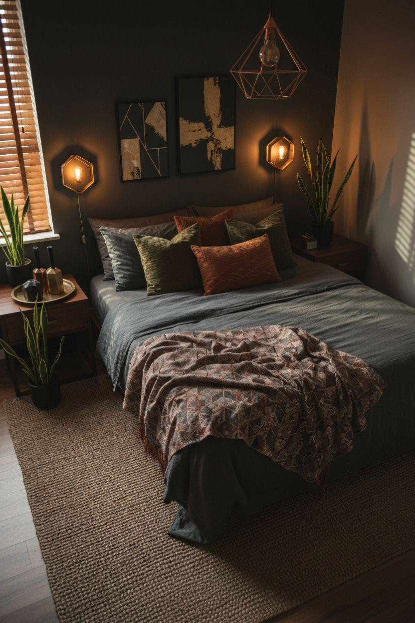 Dark earthy bedroom with geometric patterns and metallic touches