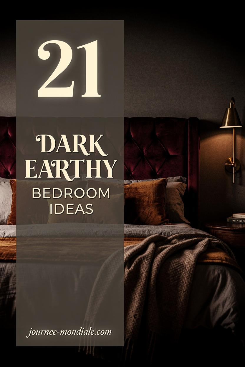 Moody bedroom collage featuring tufted deep burgundy velvet headboard, layered earth-tone bedding with warm cognac accents, brass sconce ambient glow, dramatic shadows, rich textures in cozy palette, overlaid with clear typography '21 Dark Earthy Bedroom Ideas' on semi-transparent charcoal rectangle.