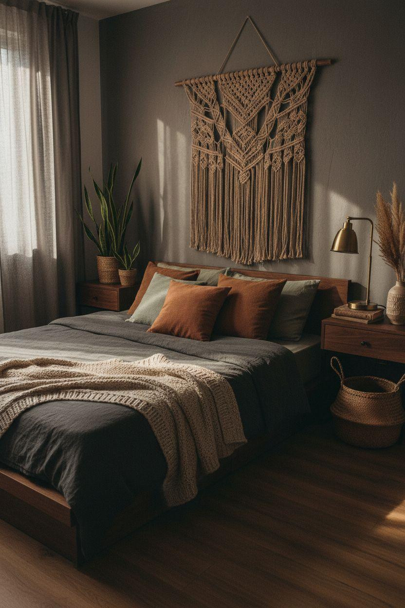 Dark Earthy Bedroom - low platform bed with boho textiles