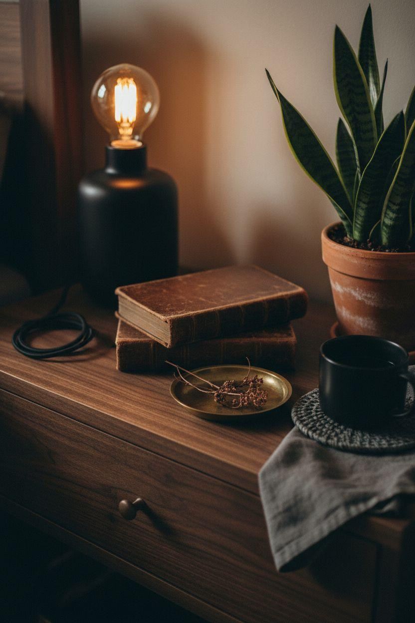 Dark earthy bedroom nightstand with wood grain and brass accents