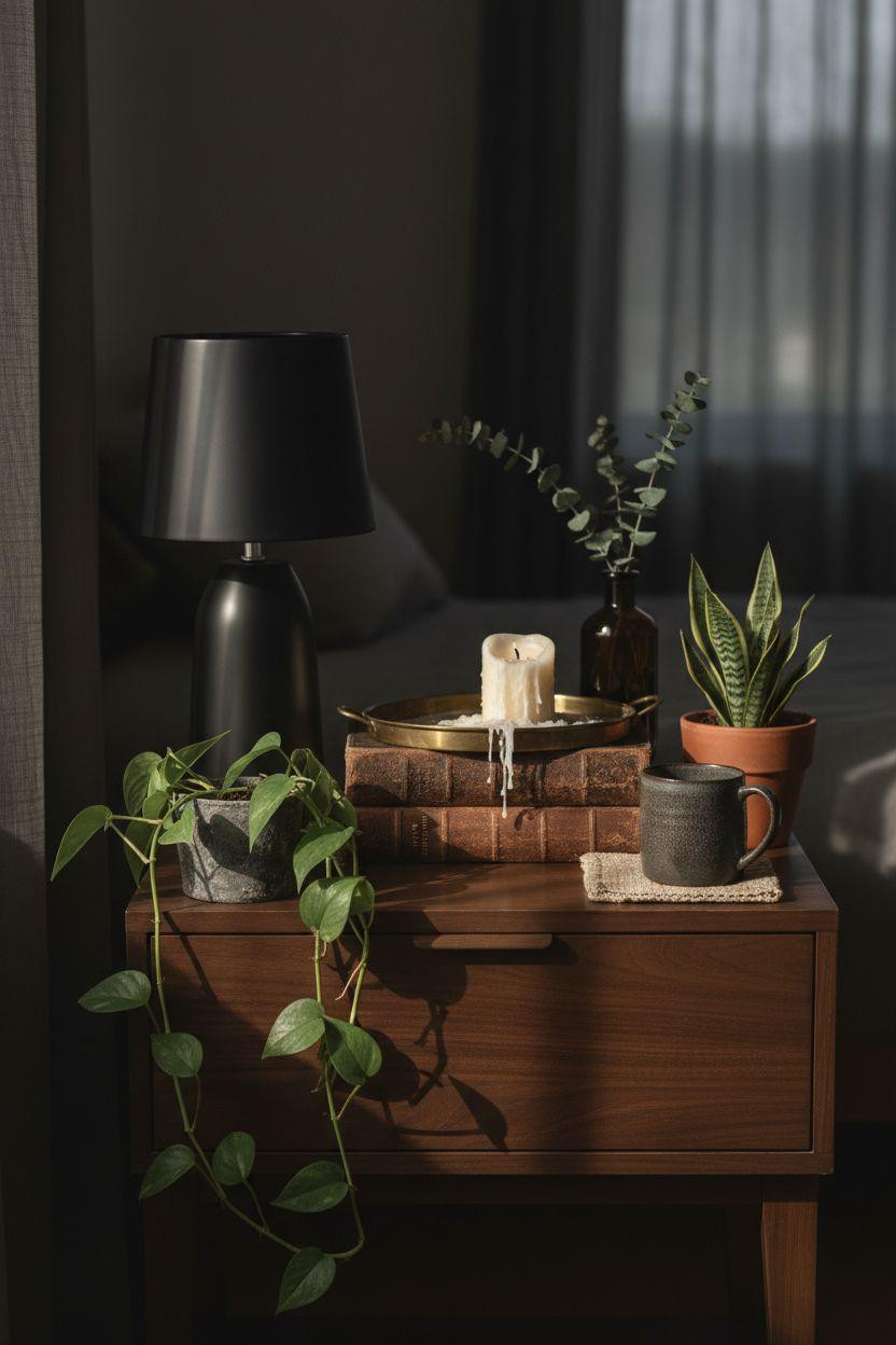 Dark Earthy Bedroom - nightstand with plants and vintage books