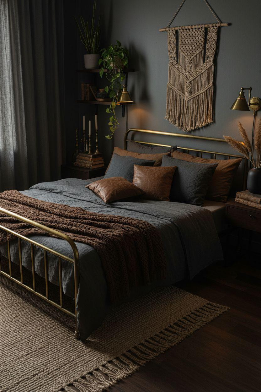 Dark Earthy Bedroom - aged brass bed frame with bohemian textiles