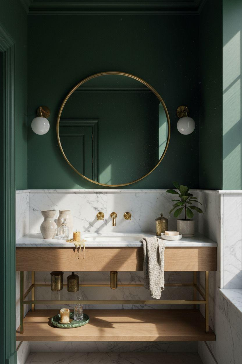 dark green bathroom with brass glass shelves and marble wainscoting