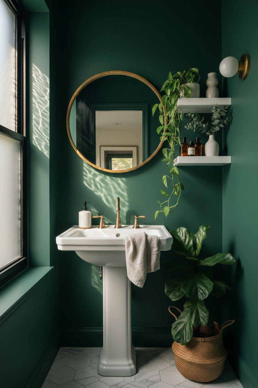 dark green bathroom powder room with round brass mirror and pedestal sink