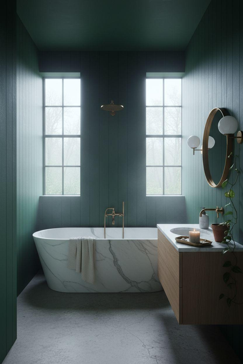 dark green bathroom with freestanding white marble tub and forest green walls