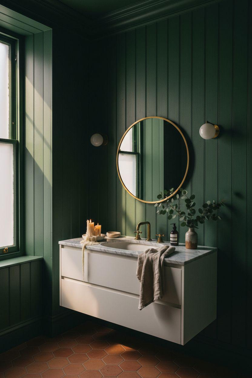 dark green bathroom with terracotta hexagonal floors and brass sconce