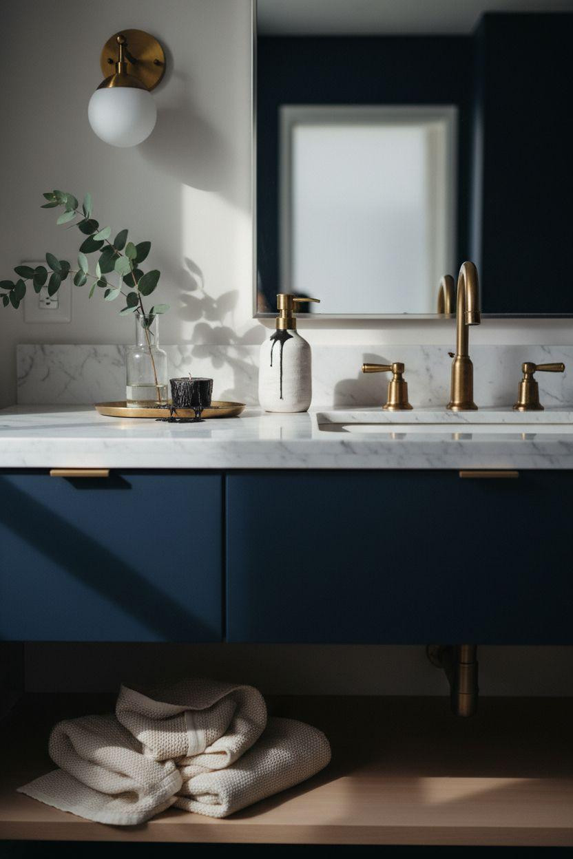 dark blue bathroom vanity with matte finish and brass cross handle faucet