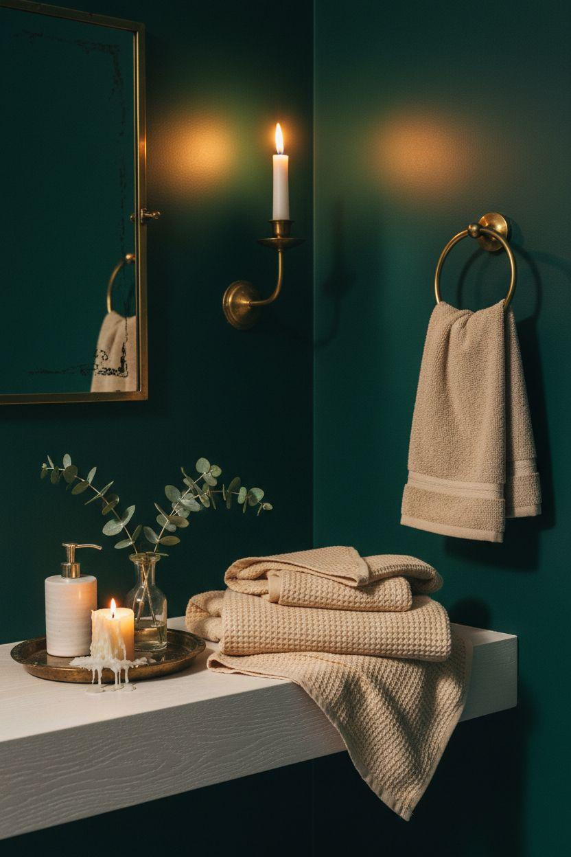 dark green bathroom with waffle weave towels and brass candlelight