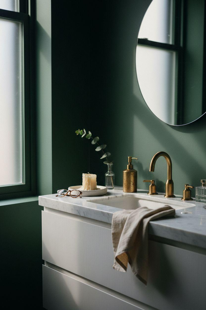 dark green bathroom vanity detail with marble countertop and brass fixtures