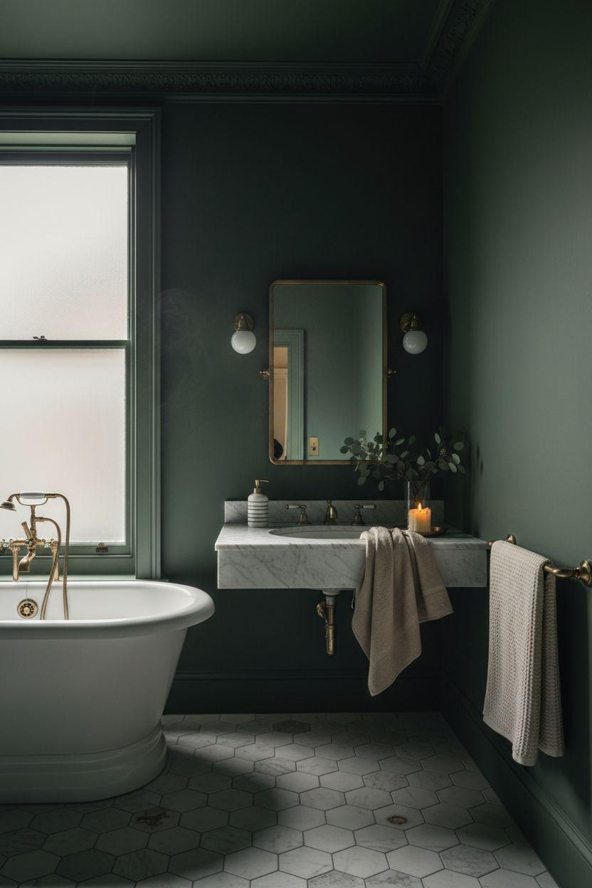 dark green bathroom with freestanding tub and soaring ceilings